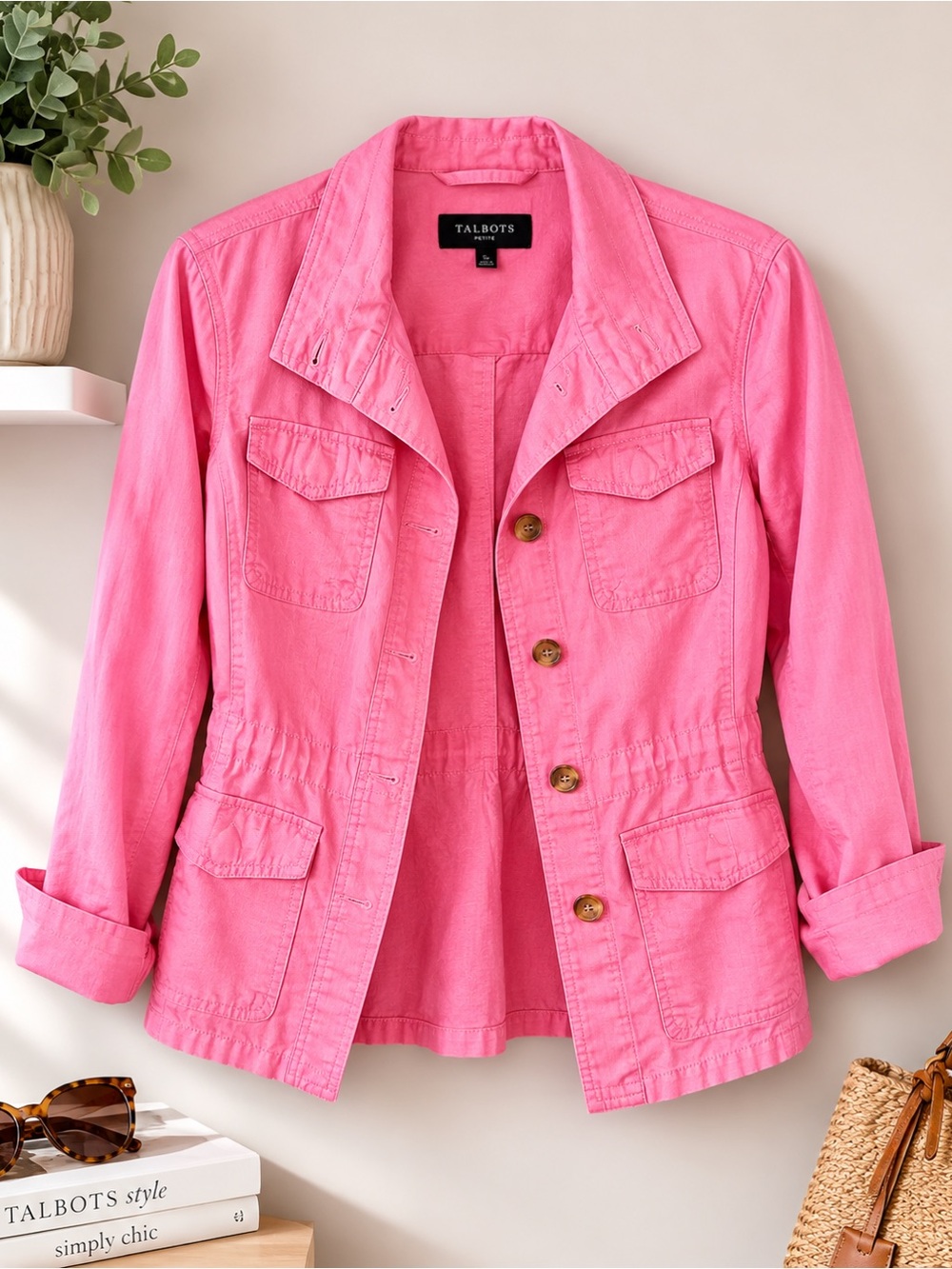 Talbots Petite Pink Linen Blend Utility Safari Jacket Size SP